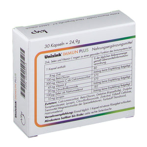 Rückseite der Verpackung des Nahrungsergänzungsmittels Unizink mit Angabe aller Inhaltsstoffe und Vitaminmengen